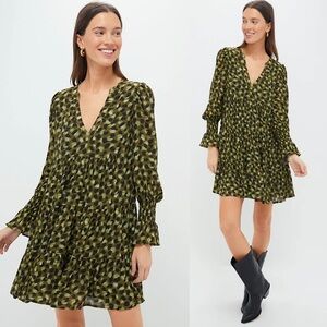 TUCKERNUCK‎ Long Sleeve Smocked Cuff Empire Waist Tiered Ruffle Babydoll Dress S
